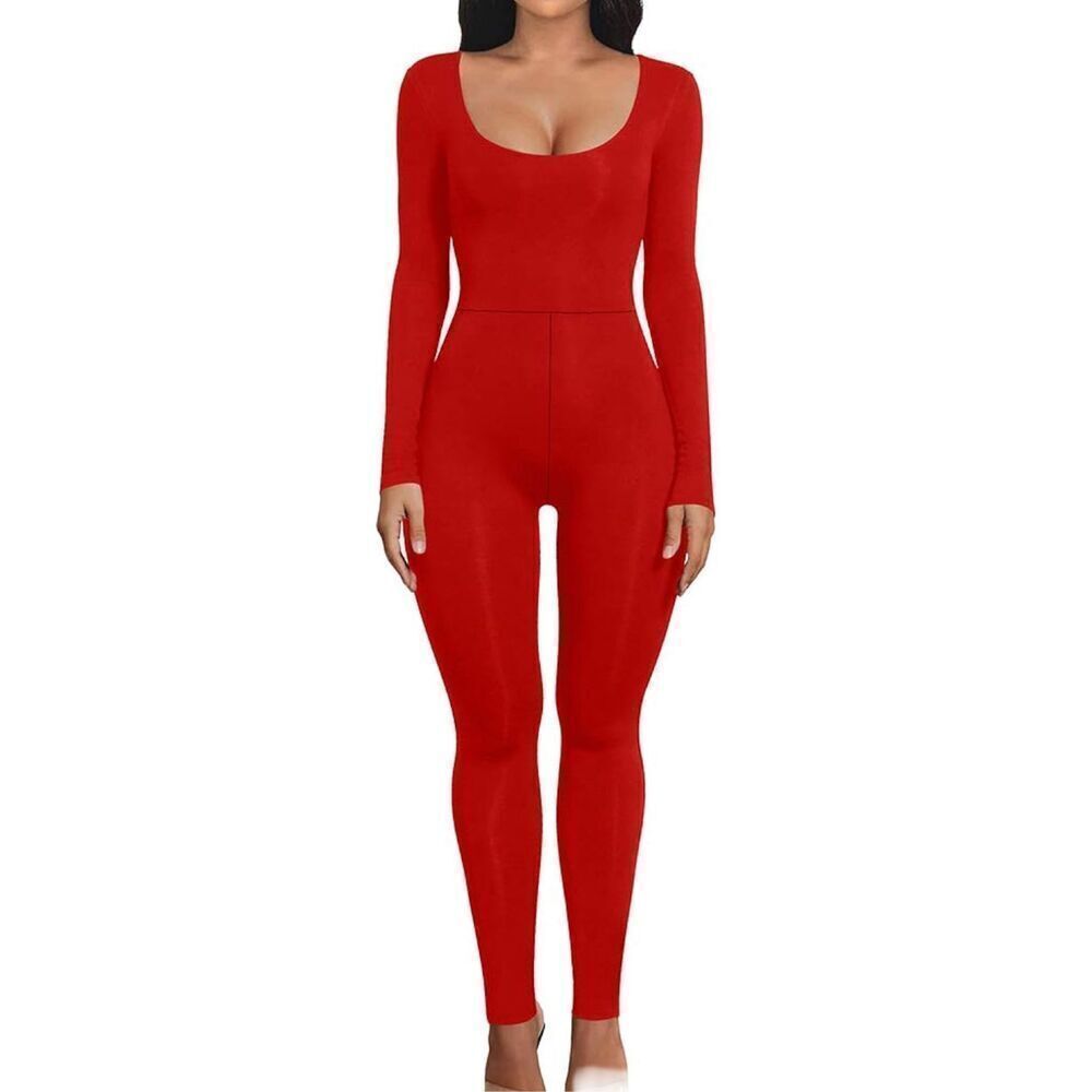 NEW RED Long Sleeve Scoop Neck 1 Piece Jumpsuit Romper S 4/6